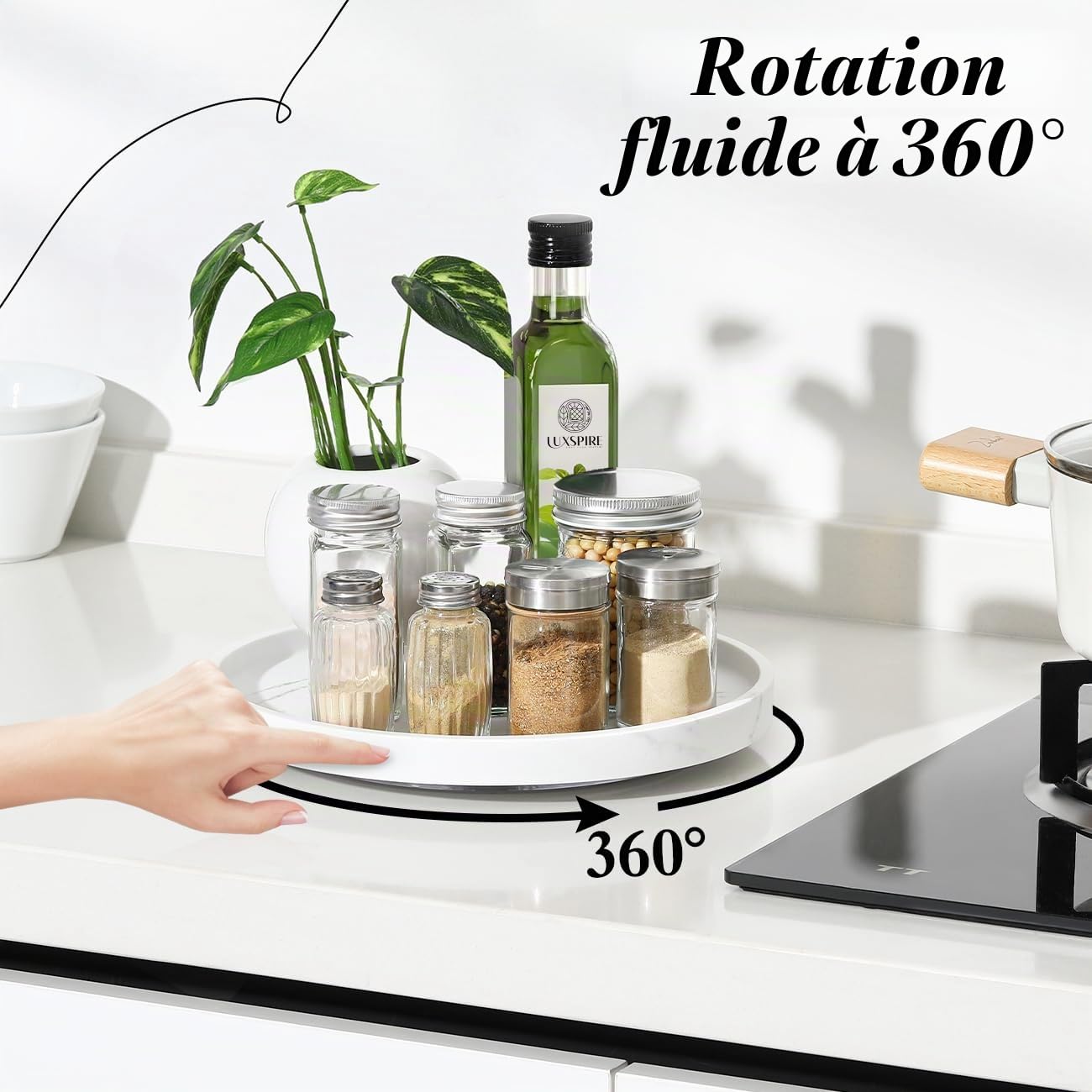 Luxspire Lazy Susan Organiseur de Salle de Bain Rotatif à 360° Diamètre 27 cm en résine pour Armoire Salle à Manger, Table, étagère à épices rotative pour Bouteilles cosmétiques, Gravier Blanc