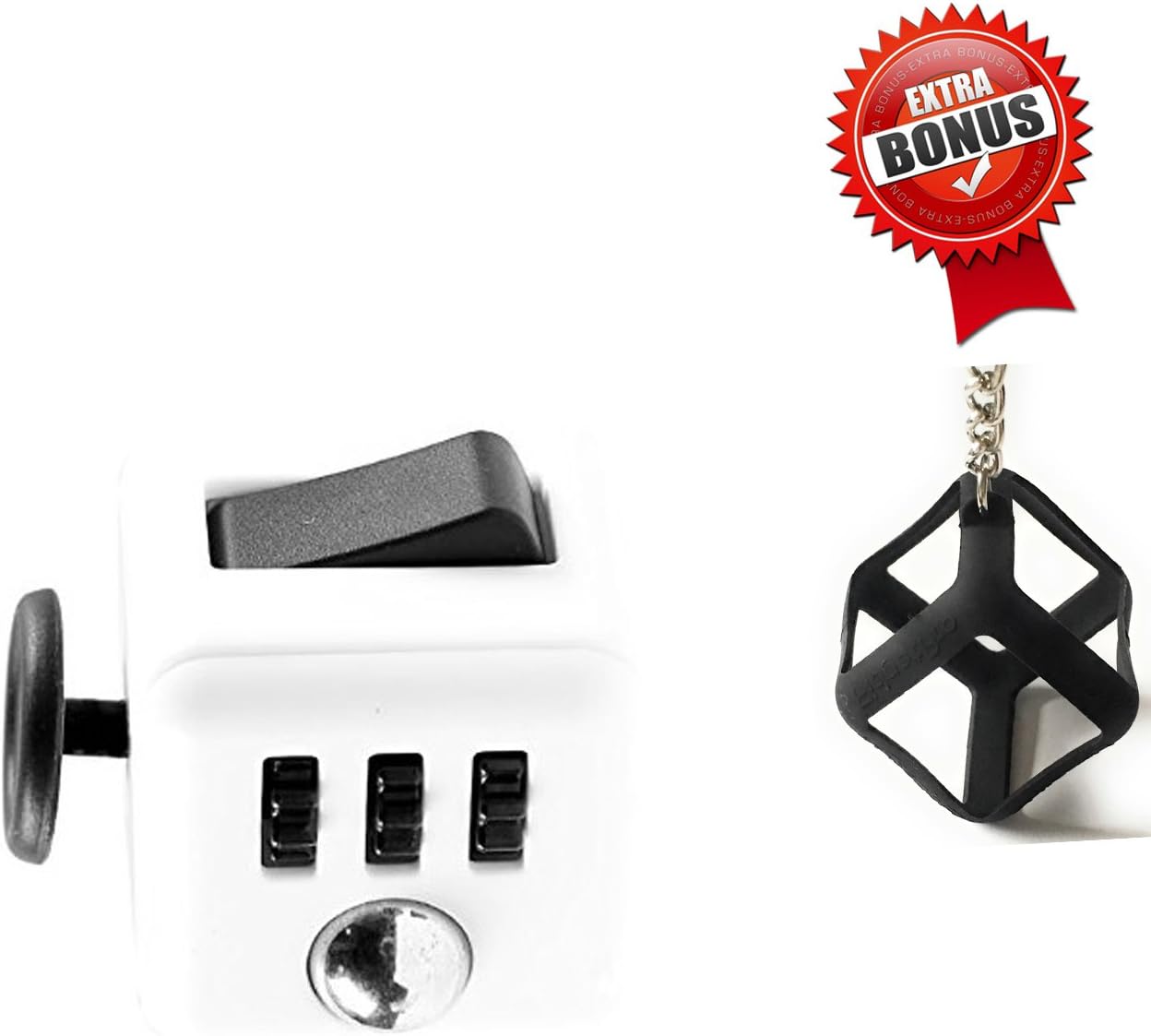 De-Stress Fidget Cube with Free Protective Silicone Case and Keychain - Perfect for Skin Picking, OCD, ADHD, Anxiety and Stress Relief - Premium Quality with Rubber Button and Vinyl Plastic - Prime Ready and Shipped by Amazon - White