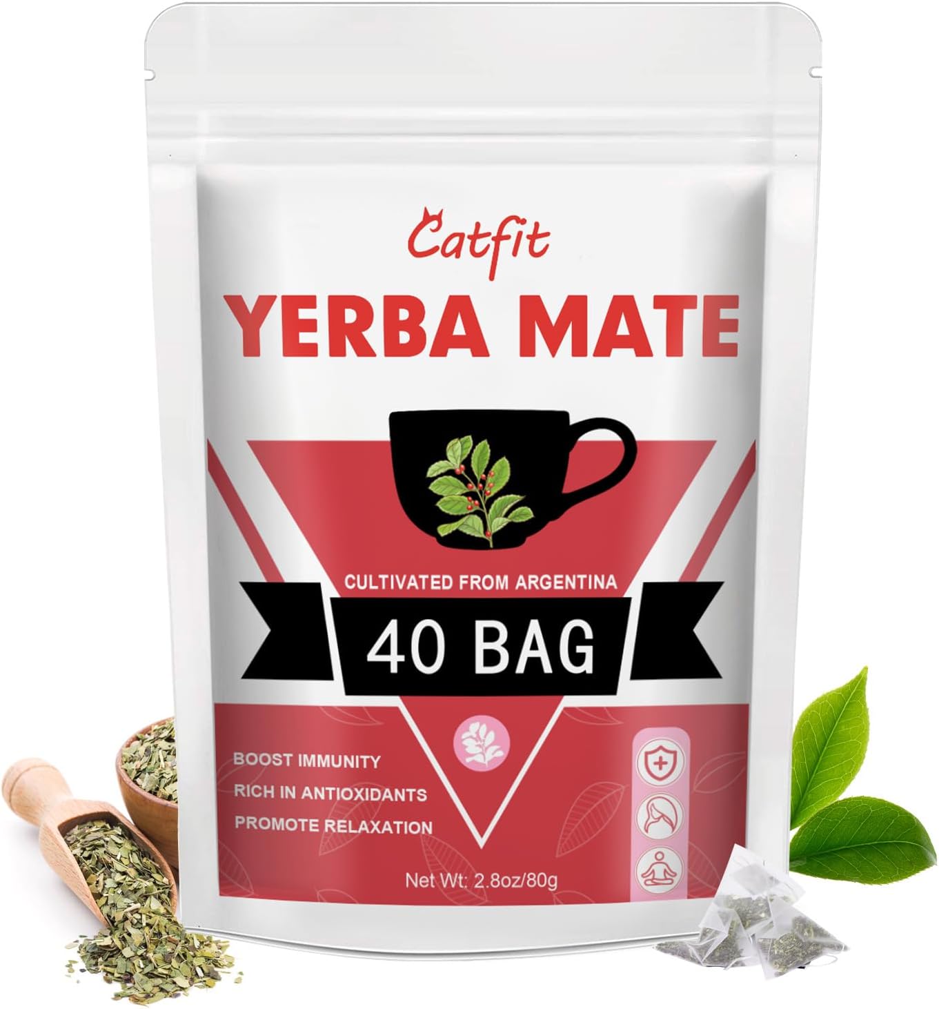 Catfit Yerba Mate Tea for Energy, immune and Health, Perfect Coffee Replacement, No Dust, Fresh, Vegan, Kosher, Gluten-Free, 40 Tea Bags