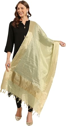 DUPATTA BAZAAR Womens Two Tone Tissue Dupatta In & Gold Free Pista Green