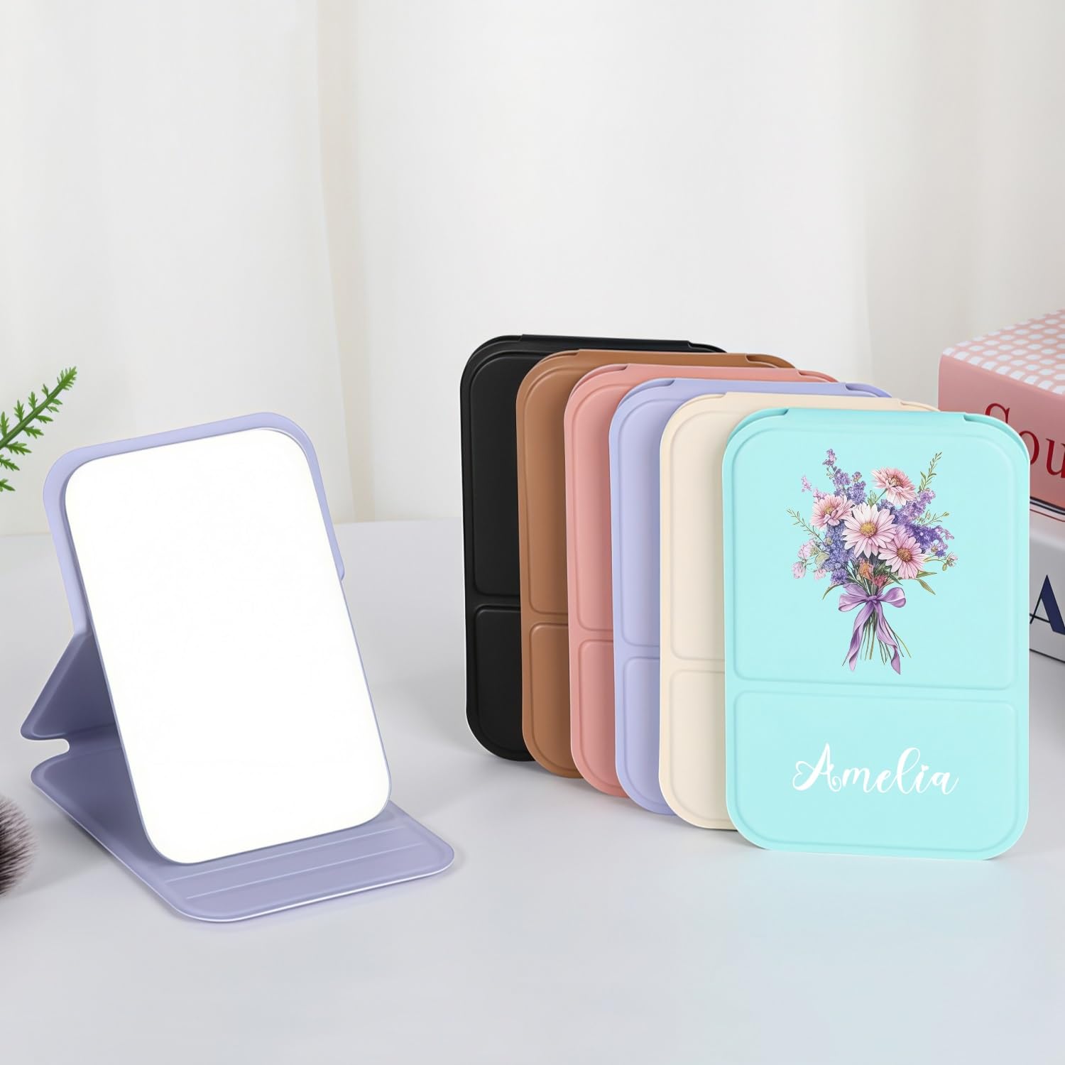 BFBZYME Custom Name Leather Folding Mirror, Personalized Compact Pocket Makeup Square Handheld Mirror, Floral Travel Essentials for Mom, Girlfriend, Bridesmaid