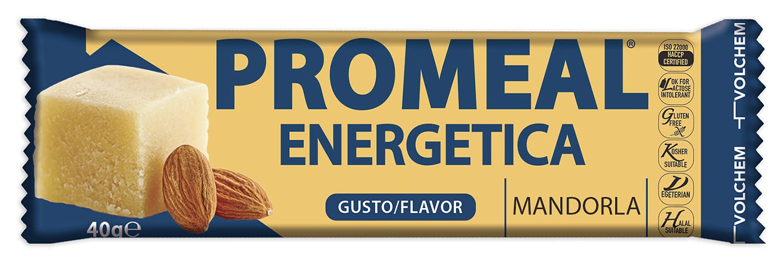 Volchem Promeal Energetica, Barretta Energetica di Pasta di Mandorle ad Alta Digeribilità, con Vitamine e Minerali, Senza Conservanti e Coloranti, Scatola da 25 Barrette, Gusto Arancia, 1000 g