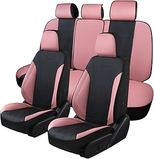Car Seat Covers Full Set, Leather Car Seat Cushion, Ultra-Thin Breathable Materials, Suitable for Most Car SUV/Truck/Sedan/Automotive (Pink + Black, Five-Piece)