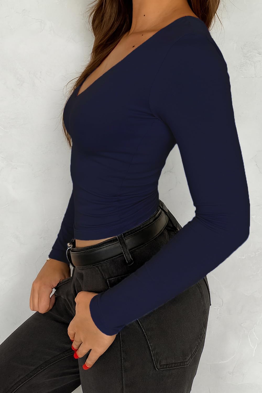 Long Sleeve Shirt for Women V Neck Going Out Top Double Lined Tight T Shirts - Image 3