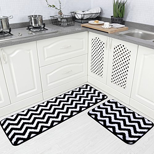 Carvapet 2 Pieces Microfiber Chevron Non-Slip Soft Kitchen Mat Bath Rug Doormat Runner Carpet Set, 17