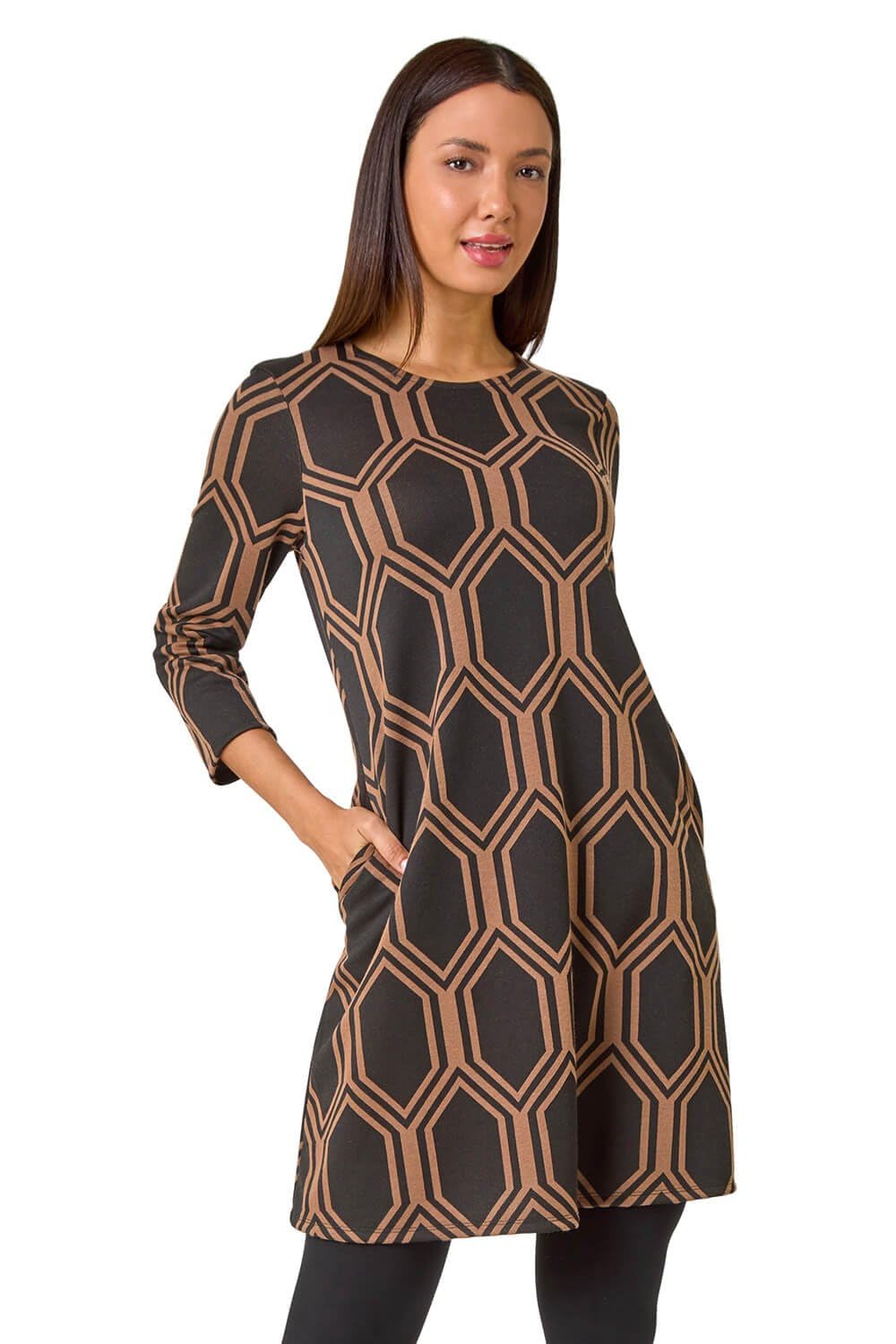 Roman - Women's Dress - Geometric Jacquard - Size 16 - Tan