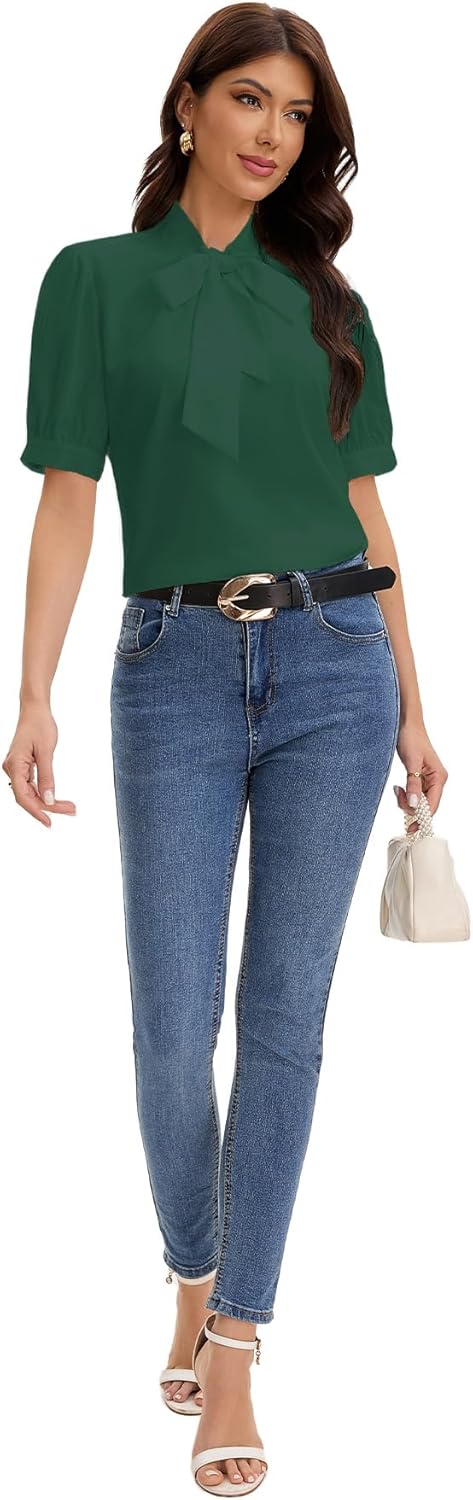 Women's Bow Tie Knot Mock Neck Short Sleeve Button Down Shirts Dressy Casual Office Work Blouses Tops - Image 6