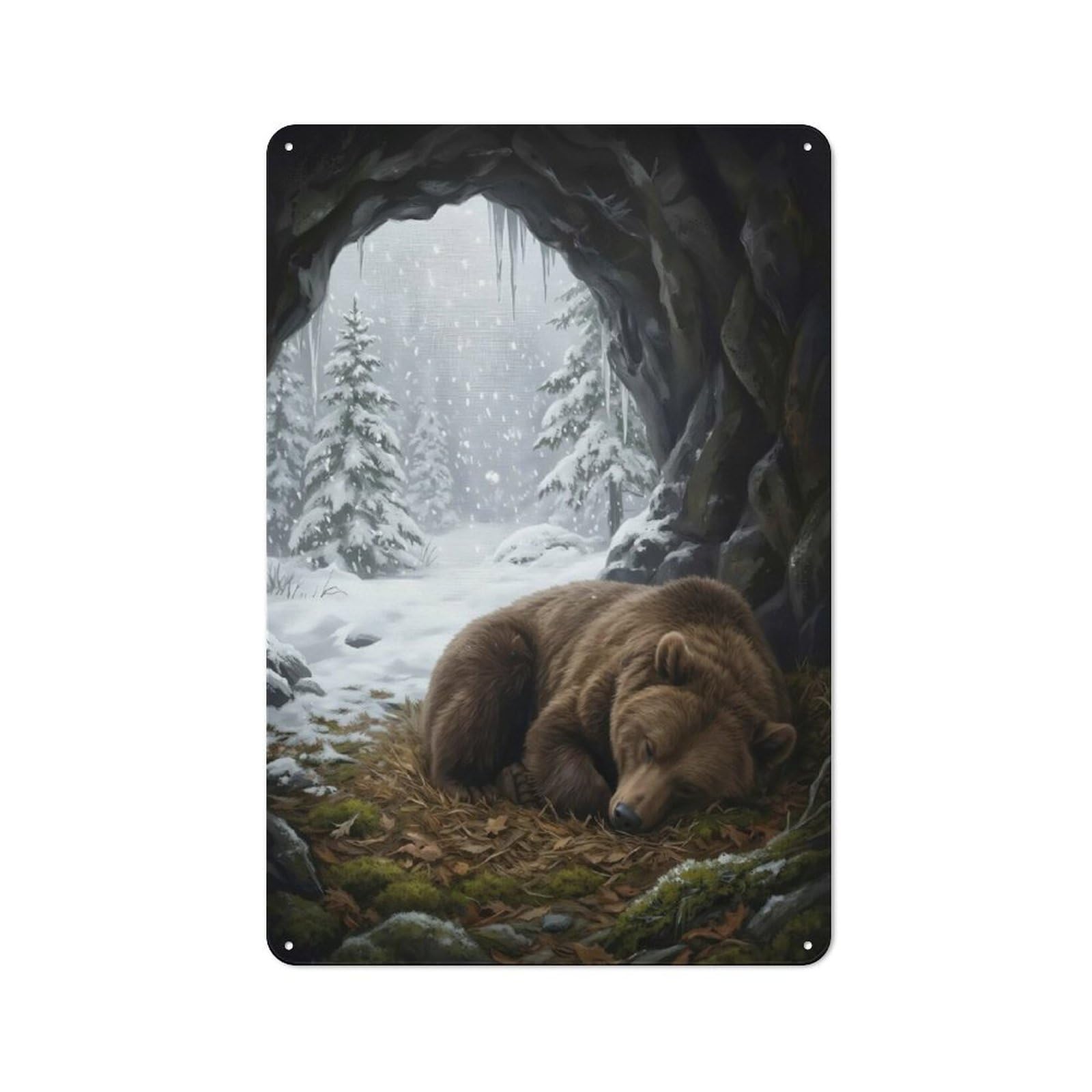 Junmoney Style-17 Tin Wall Plaque 30X20cm With Hibernating Bear In Snowy Cave For Man Cave Or Games Room, A Christmas Gift For Leisure-Room Decor Enthusiasts
