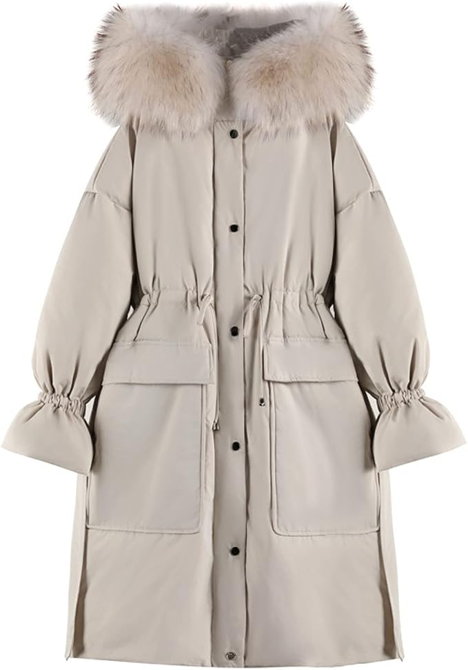Amazon 中綿コート 中綿ジャケット レディース 毛皮襟 ファー付き襟 ロング丈 ダウンジャケット アウター フード付き 秋冬 防風 保温 防寒 柔らかい ロングコート 韓国風 軽量 ファッション 暖かい カジュアル 膝下 体型カバー 着痩せ 綿服 コート ジャケット 通販