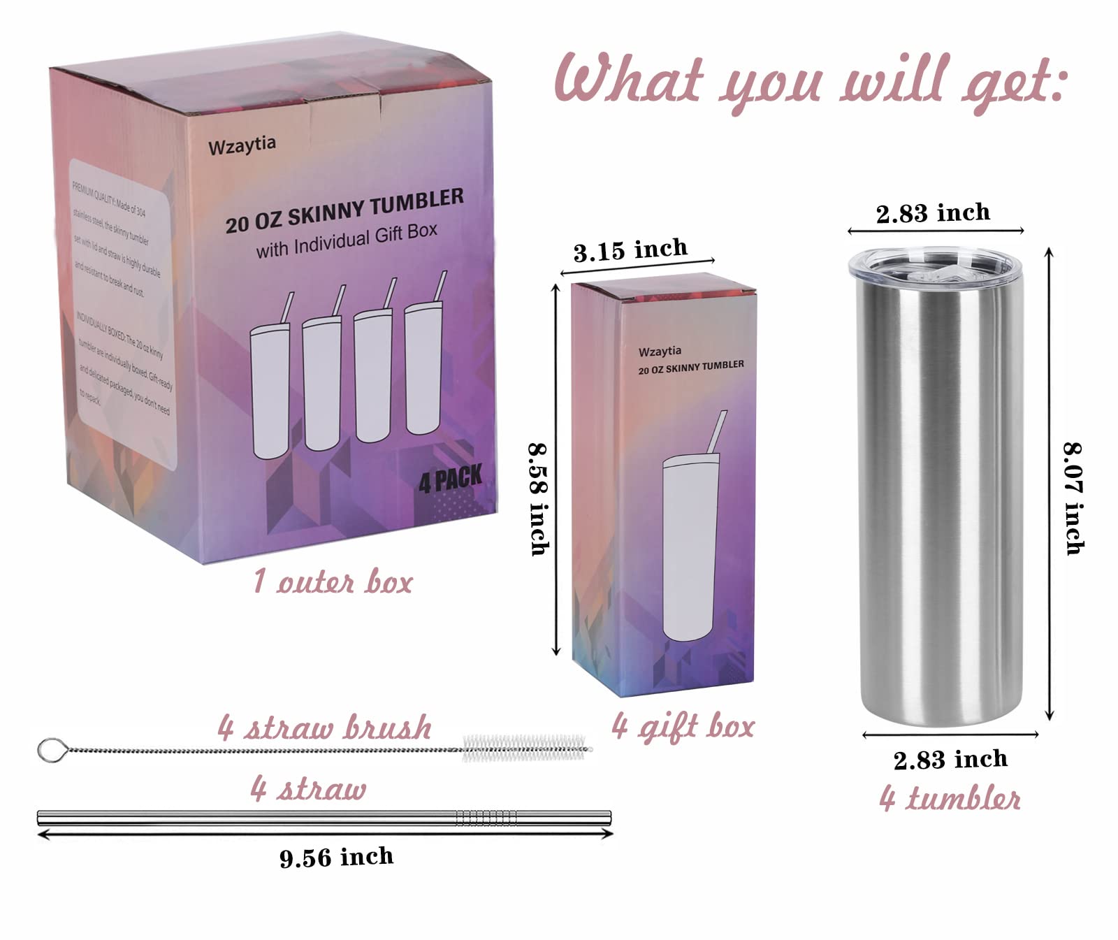 Condition photo showing New/Like New for wzaytia 4 pack 20 oz straight skinny tumblers,individually gift boxed stainless steel slim skinny tumbler set bulk, 20 oz insulated slim thin travel tumbler cup for diy, silver