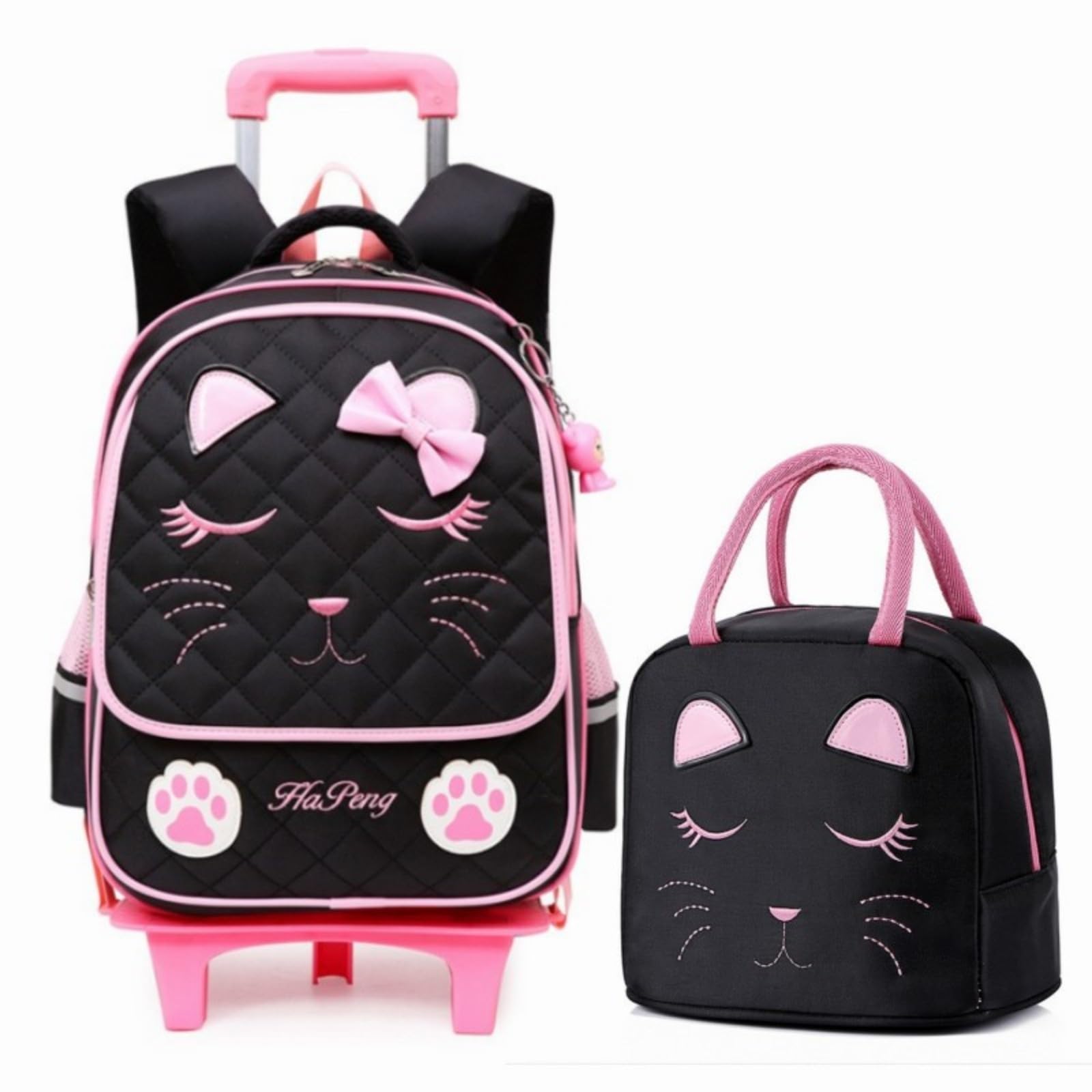 MITOWERMI Mochila con ruedas para niñas, mochila escolar con cara de gato, mochilas para niños con ruedas, equipaje de viaje