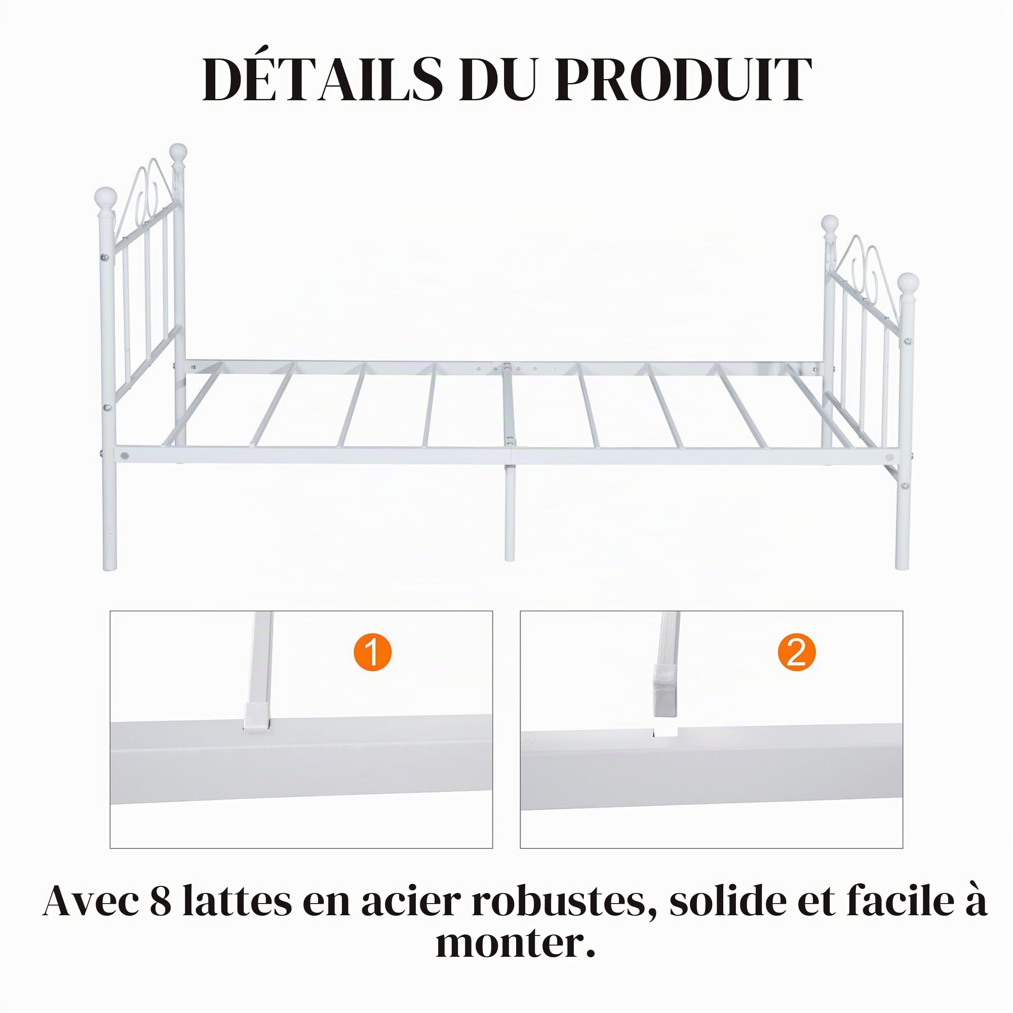 Cadre de Lit Enfant en Métal pour Matelas 90x190 cm, Lit Enfant Sol avec Sommier 90x190/Montage Facile/Convient comme pour Enfants/Ado/Adolescent Garcon/Fille/Senior/Blanc/Style A