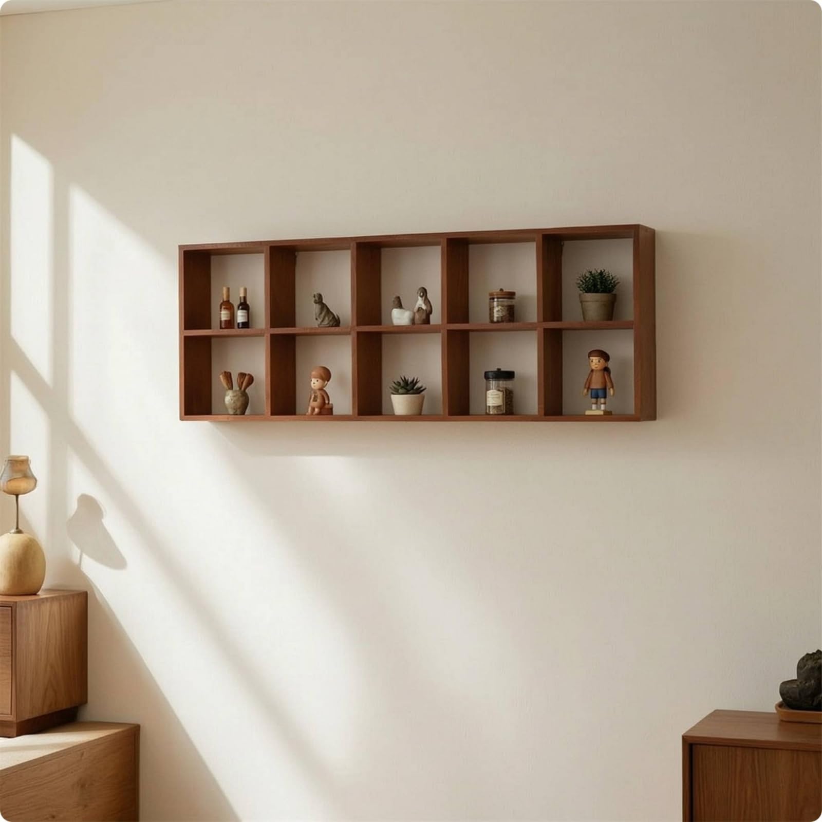 Gralara Scaffale a Parete con Rustico Scaffale in Legno con Salvaspazio Espositore Griglia per Collezionisti, Grande, Dieci Scomparti Senza Pannello Posteriore