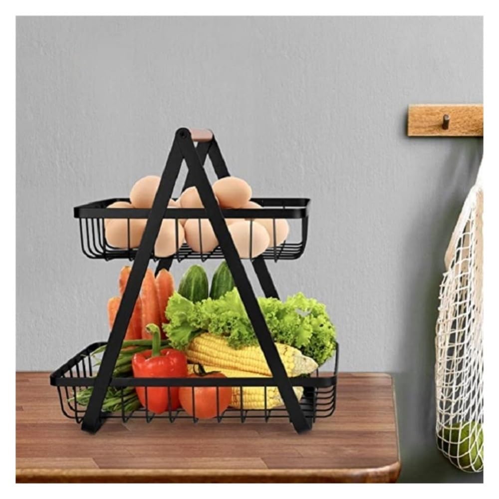 Cesta de frutas de metal de 2 niveles, estante de almacenamiento portátil para frutas y verduras, elegante soporte de cocina para el hogar y el comedor