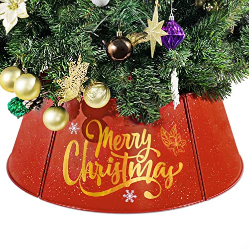 Putuo Decor Metal Christmas Tree Collar for Artifcial Trees, 27in Diameter Christmas Tree Basket Base Red, Christmas Themed Tree Stand Cover, Xmas Holiday Decoration Tree Collar for 6-7.5 Ft Tree