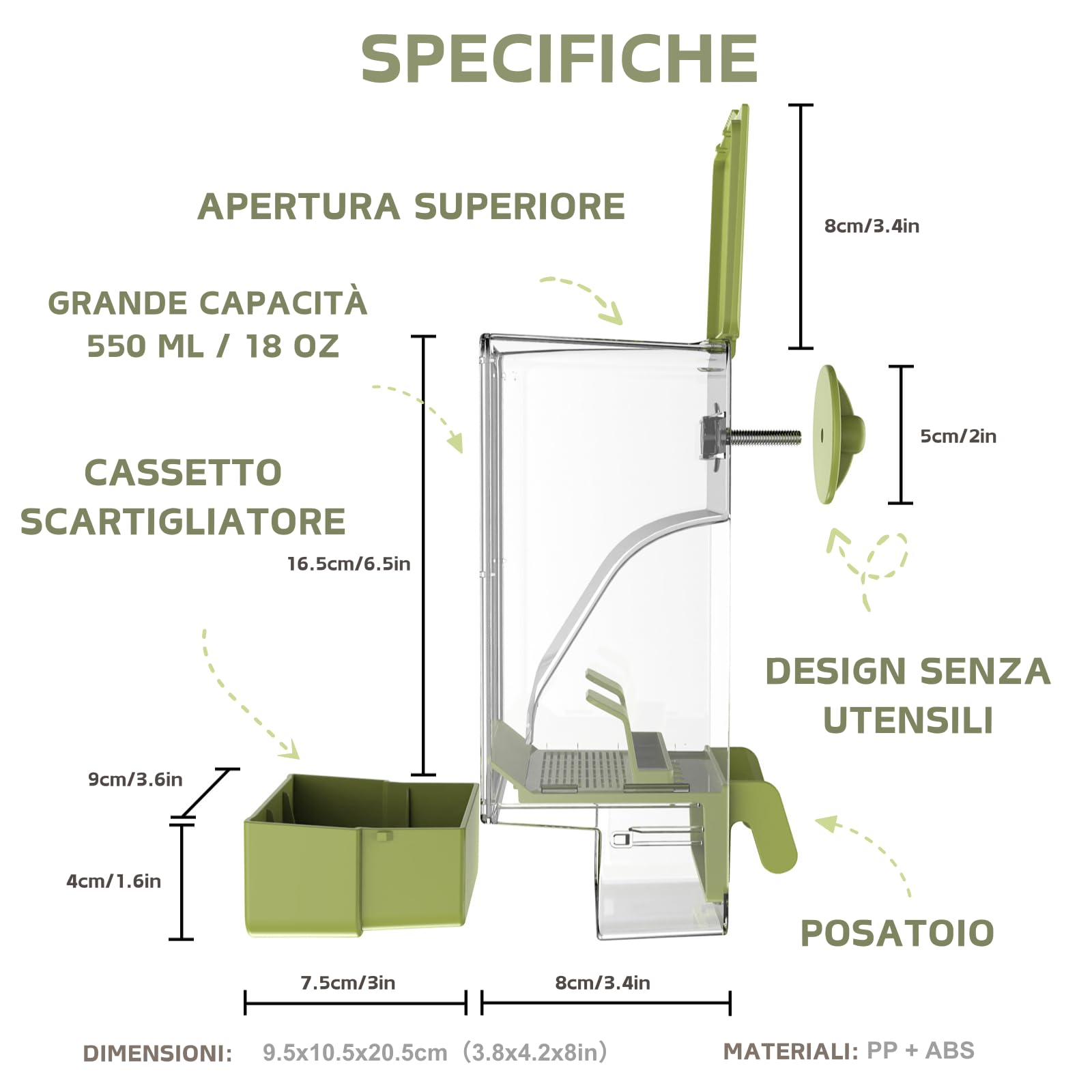 Mangiatoia automatica per uccelli, mangiatoia per gabbia per uccelli con trespolo per parrocchetto canarino calopsitta fringuello (Verde)