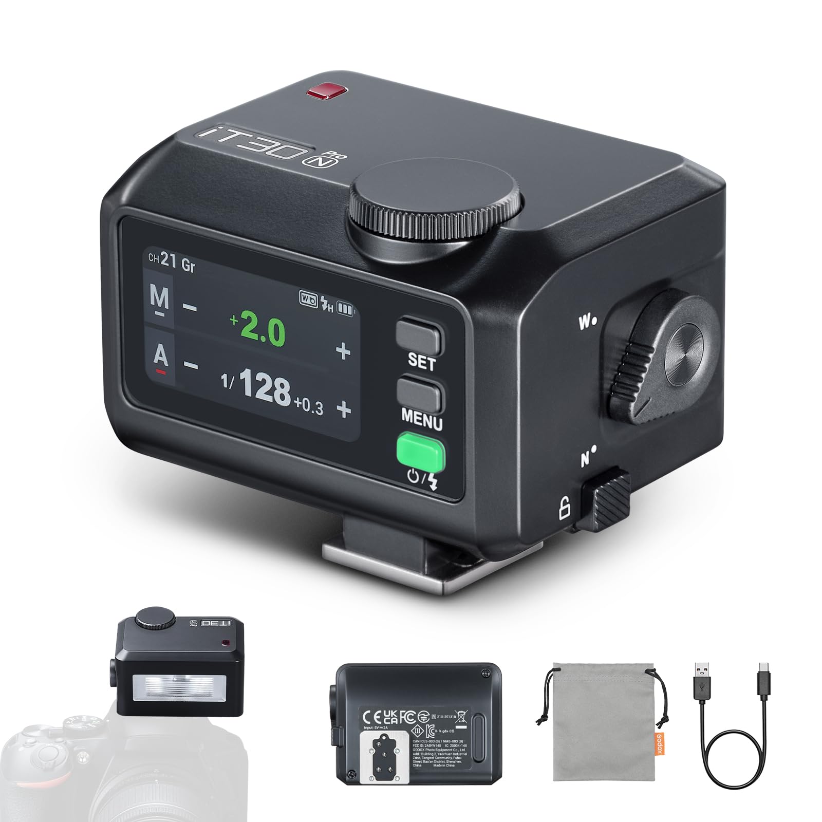 Godox IT30PRO-N Taschenblitz, kompatibel mit Nikon Z9, Z8, Z7II, Z6, ZFC, Touchscreen, Lithium-Akku, eingebauter Diffusor, USB-Aufladung, Schnellwechselschuh