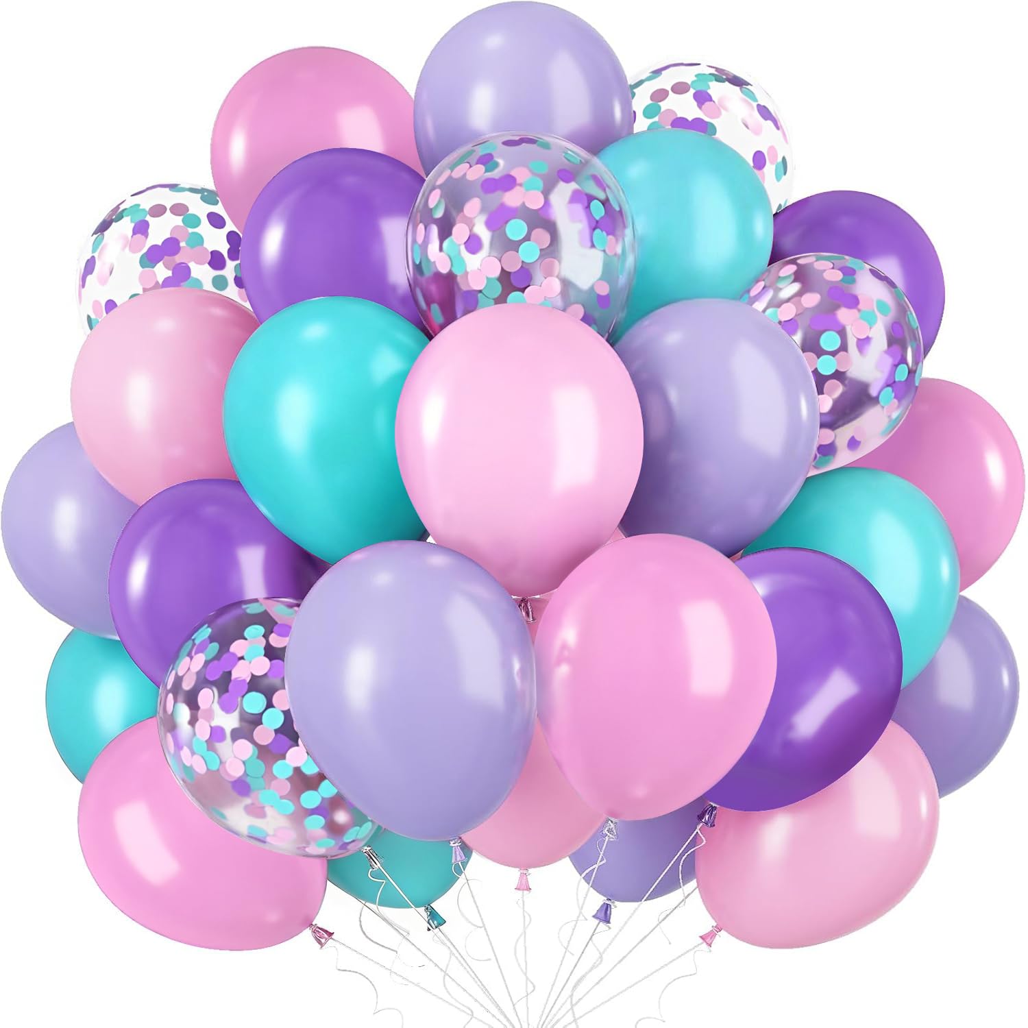 Purple Pink Teal Balloons, 60 Pcs Lila Blue Balloons with Pink Teal Confetti Balloon, 12Inch Purple Balloon Rose Blue Balloons for Girls Birthday Baby Shower Wedding Bridal Shower Party Decorations