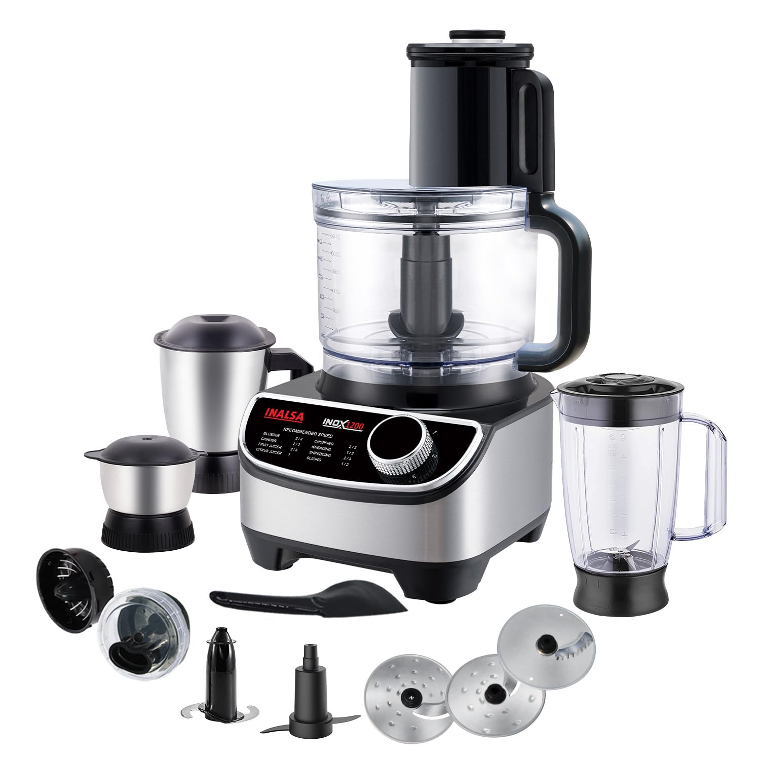 INALSA Food Processor with Mixer Grinder Juicer (INOX 1200)|1200 W Copper Motor|3 Jars|2.5 L Processing Jar|Chopping & Kneading Blade |Centrifugal/Cit...