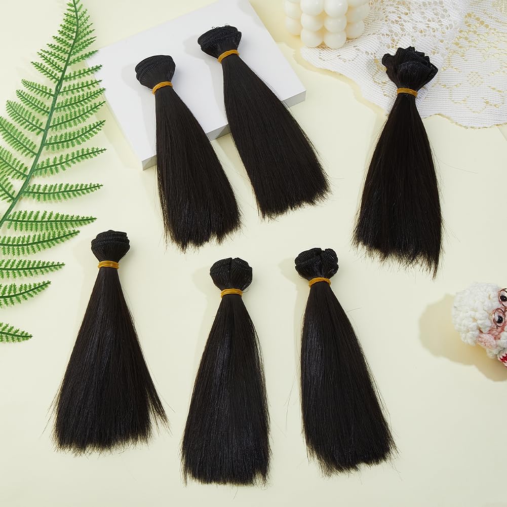 DICOSMETIC 6Pcs Doll Wig Doll Hair 18cm/7.09" Straight Short Dolls Hair Plastic Dolls Hairs Wefts Hairs Extensions Black Faux Wefts Replacement for Adult DIY Crafts