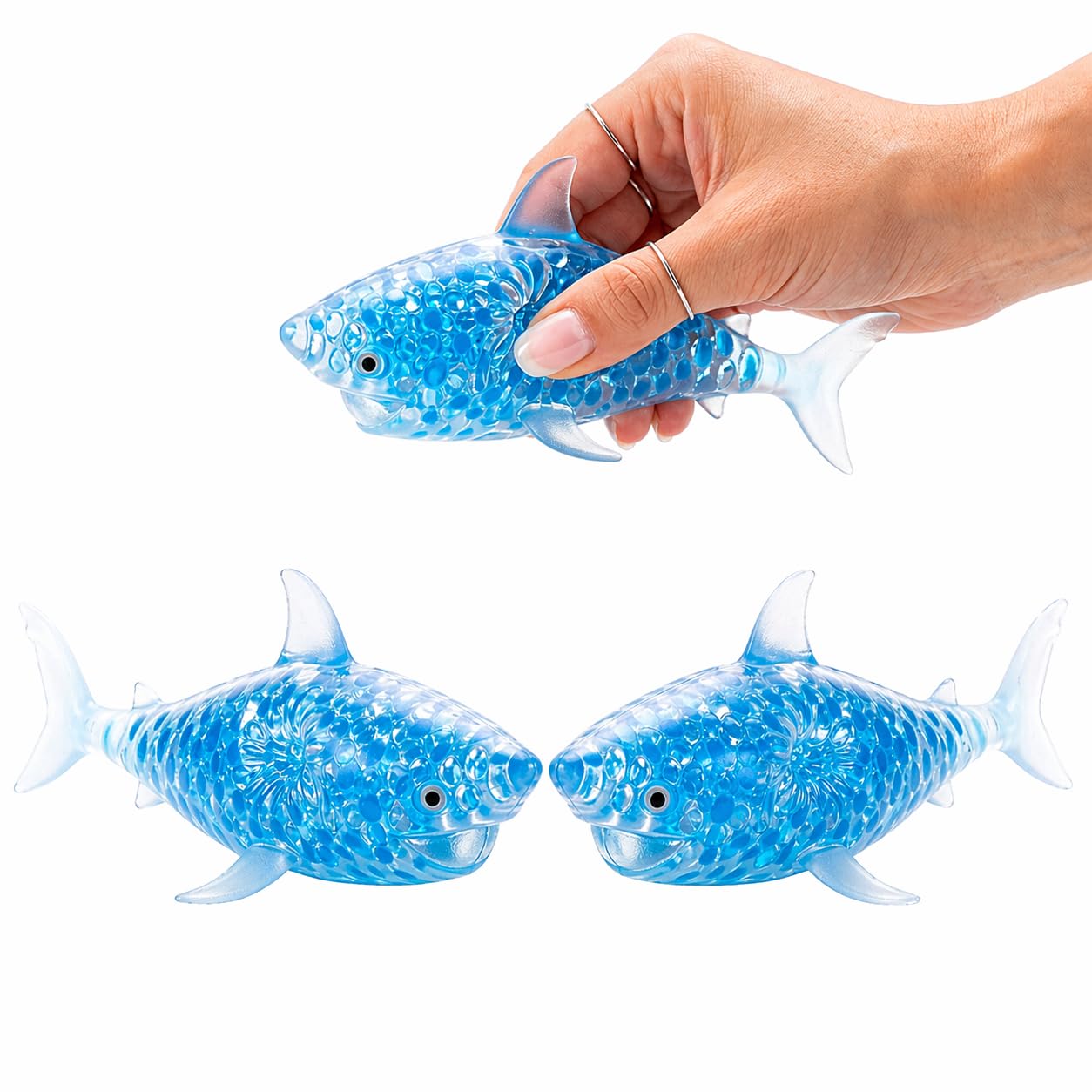 Shark Squishy Fidget 2 Pack Stress Relief Set, Stretchy Gel Bead Filled Sensory Hand Item for Focus and Relaxation, Squeeze Play Stress Ball for Kids Adults Office Desk Blue 14cm