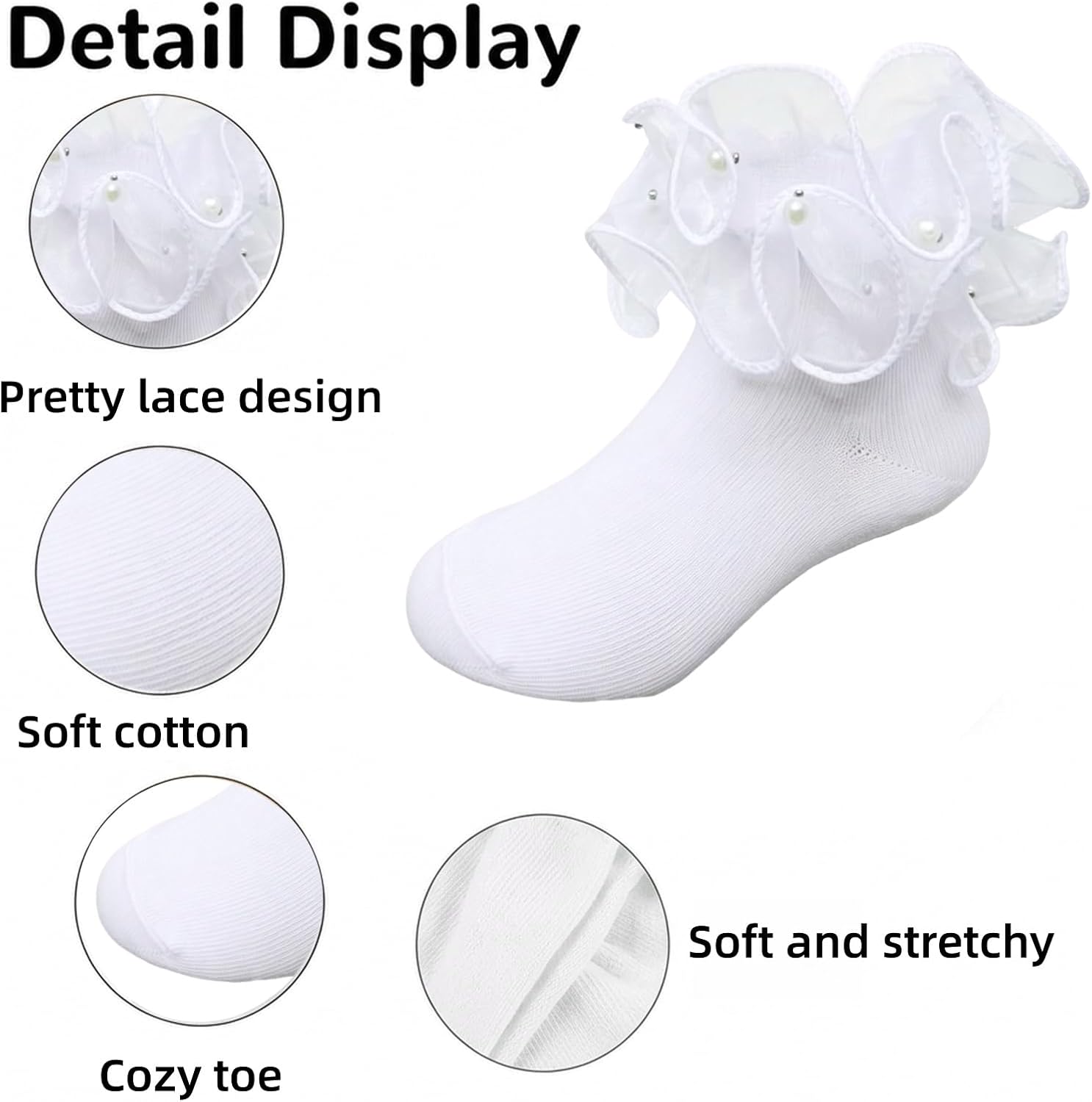 2 Pack Girls Ruffle Lace Socks Novelty Frilly Ankle Socks White Princess Dance Dress Socks with Pearls