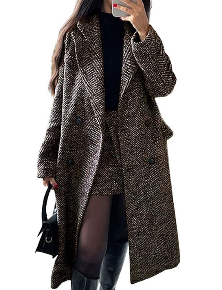 Women's Winter Casual Herringbone Wool Coat Double Breasted Notch Collar Dressy Long Trench Coat-image-2