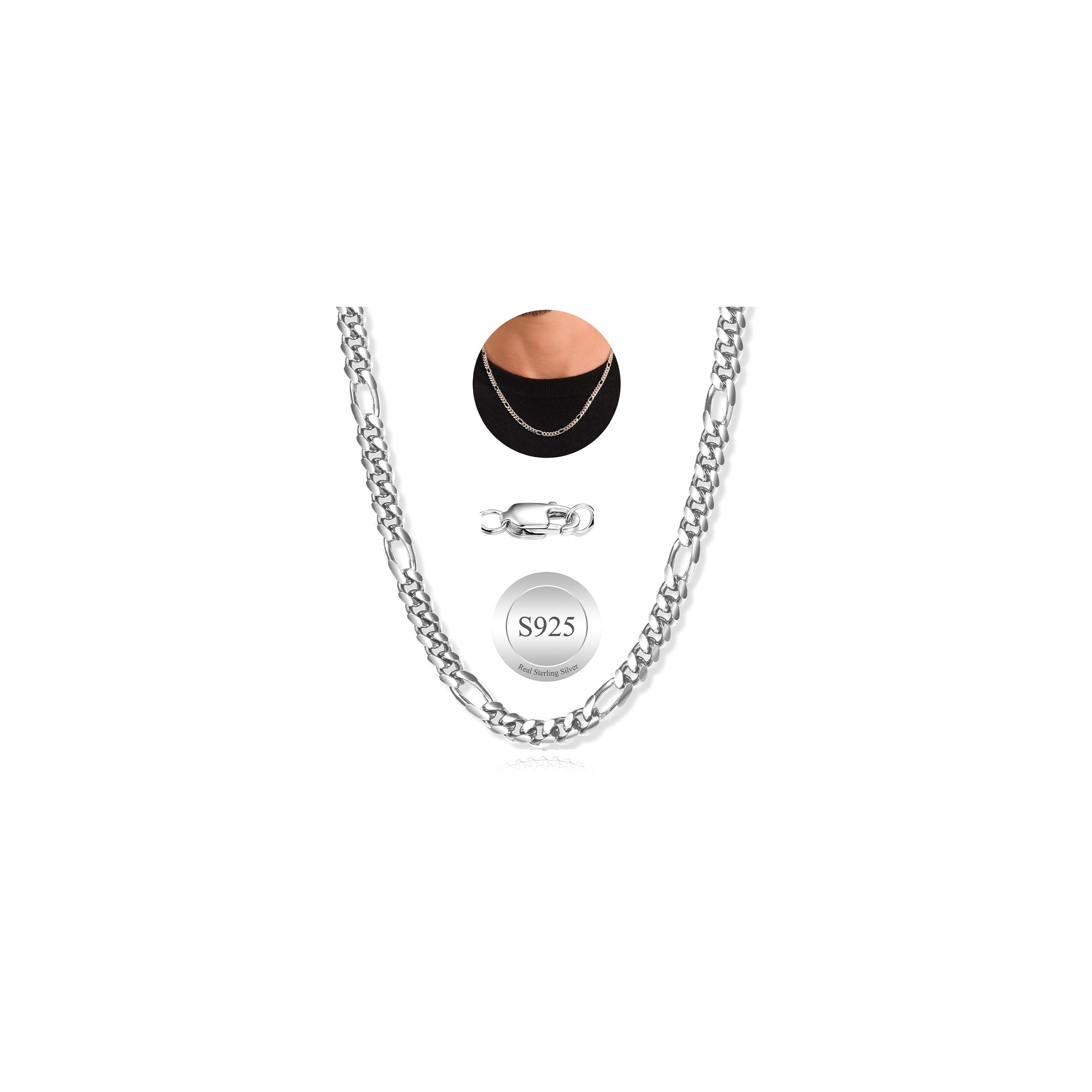 MOROTOLE Sterling Silber Figaro Ketten Halsketten für Männer Breite 5mm Diamantschliff Figaro Link Kette 18/20/22 Zoll