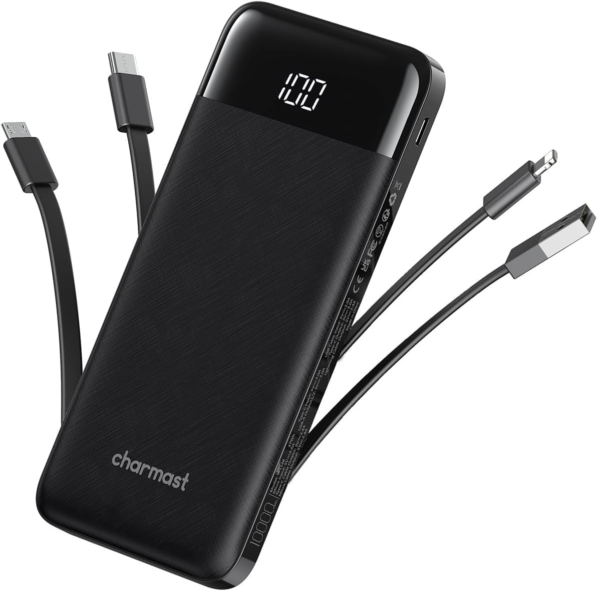 Charmast Power Bank with Built in Cables X 4, 10000mAh USB C Battery pack 6 Outputs 3 Inputs with LED Display Type C Powerbank Portable Charger Compatible with Smartphones Tablets and More