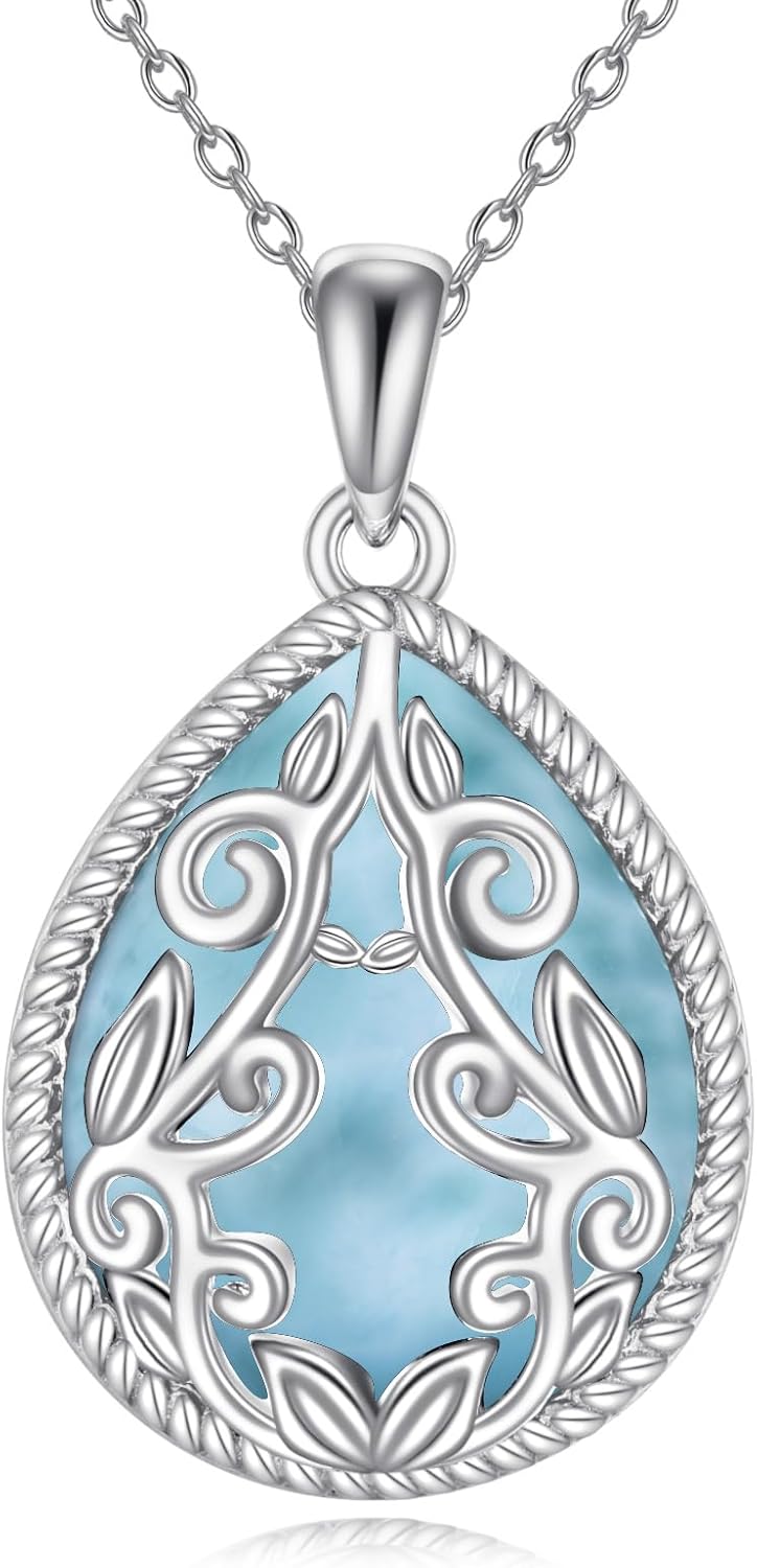 YAFEINI Filigree Teardrop Necklace 925 Sterling Silver Moonstone/Lapis Lazuli/Larimar/Pink Opal Pendant Necklace Jewelry Birthday Gifts for Women Grandmother