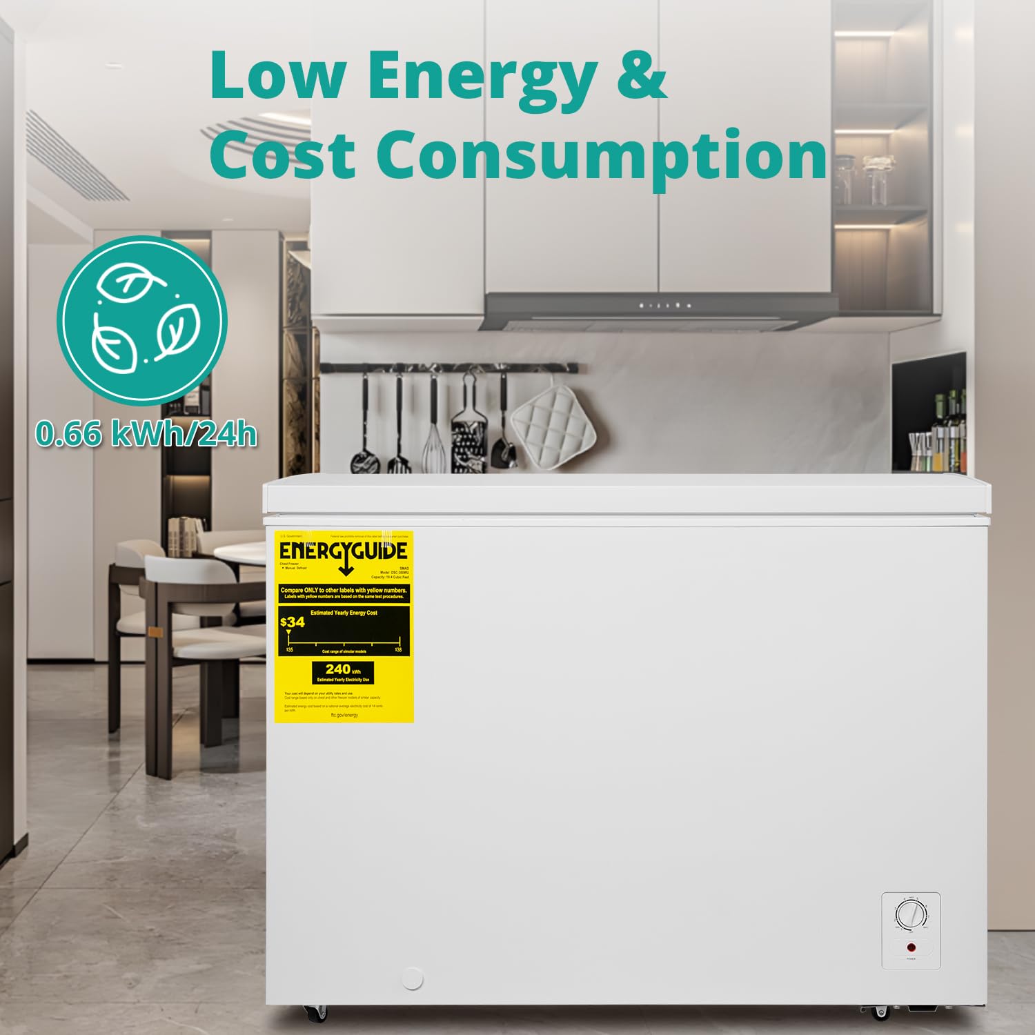 Smeta Chest Freezer 10.5 Cubic Feet, Deep Freezer, Garage Ready With 3 Basket, Low Noise, Adjustable Thermostat, Energy Saving With 4 Wheels, Kitchen, Office, Meat, House, White on Fridge.com - View 6