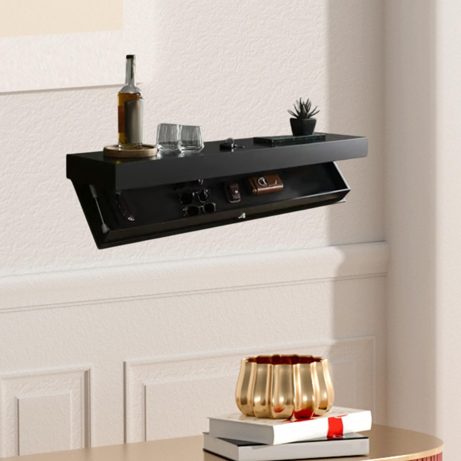 Mensola sospesa da parete con cassetto nascosto, per camera da letto e ufficio, design elegante per una conservazione efficiente