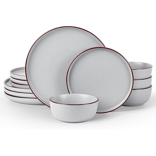 Famiware Mercury Plates and Bowls Sets, 12 Pieces Stoneware Dinnerware Sets, Dishes Set for 4, Microwave and Dishwasher Safe, Light Grey