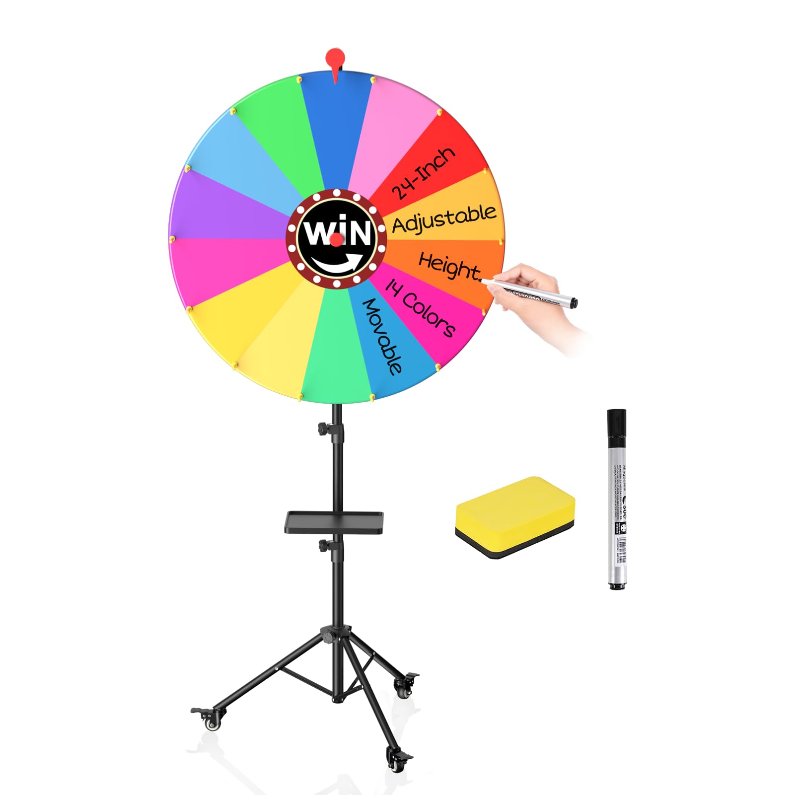 61 cm Glücksrad, 14 Farben Abnehmbarer Drehendes Preisrad mit 360°-Drehrollen, EMART Glücksrad zum Drehen Groß Kritzelspiel mit Verstellbarer Stativständer 86-152cm