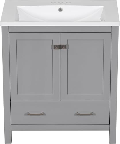 Miniatura 8 de LUMISOL Tocador de baño gris de 30 pulgadas con fregadero, tocador de baño de madera maciza con cajón y 2 puertas, estantes de almacenamiento