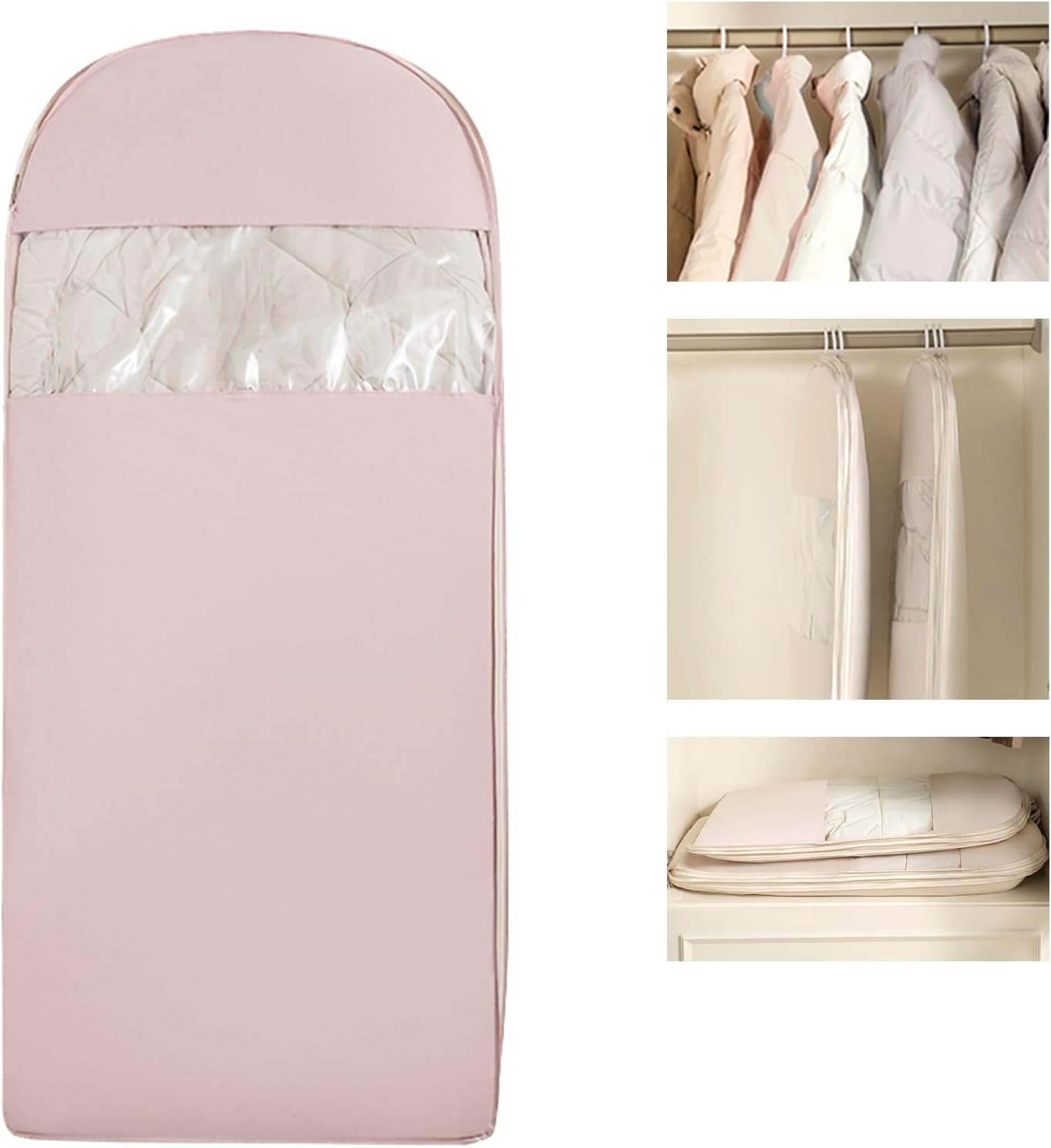 3PCS Space Saving Hangable Garment Bag with Self Compression Zipper - Organizer for Closet (Beige,S+M+L)