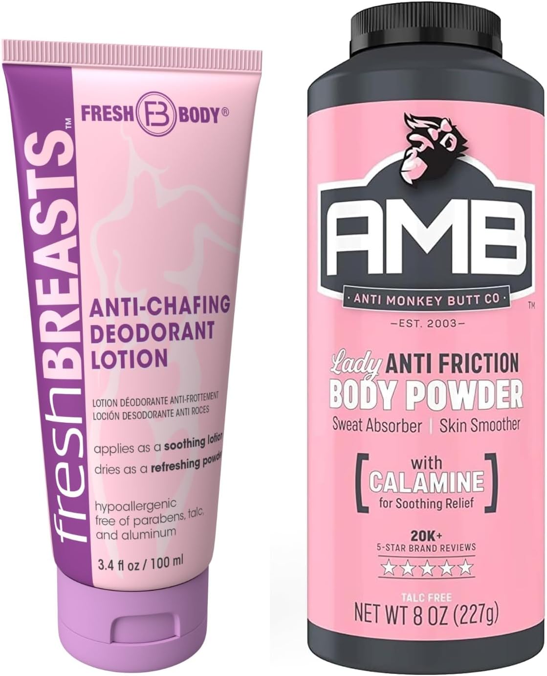 Ladies No Sweat Bundle: Fresh BREASTS Lotion, 3.4oz - The Solution for Women and Lady Anti-Monkey Butt Body Powder, 8oz