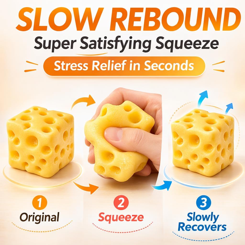 Cheese Squishy Block - 2.4 to 4.7 Inch Ultra-Soft Slow Rising Squishy Cheese - Sensory Fidget Gadget for Tension Management & Focus - Premium TPR Desk Accessory for Adults & Office (3.9in)