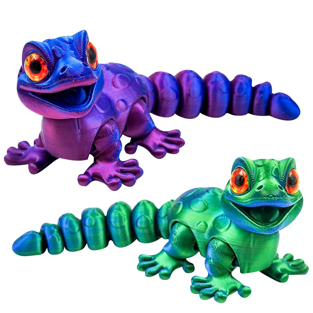 2PCS 3D Printed Gecko Toy, Gecko Wall Climbing Toy, Articulated Lizard Toys for Play, Flexible 3D Printed Animals for Desk Decor, Collectibles, Gifts for Adults and Kids(blue purple and blue green）