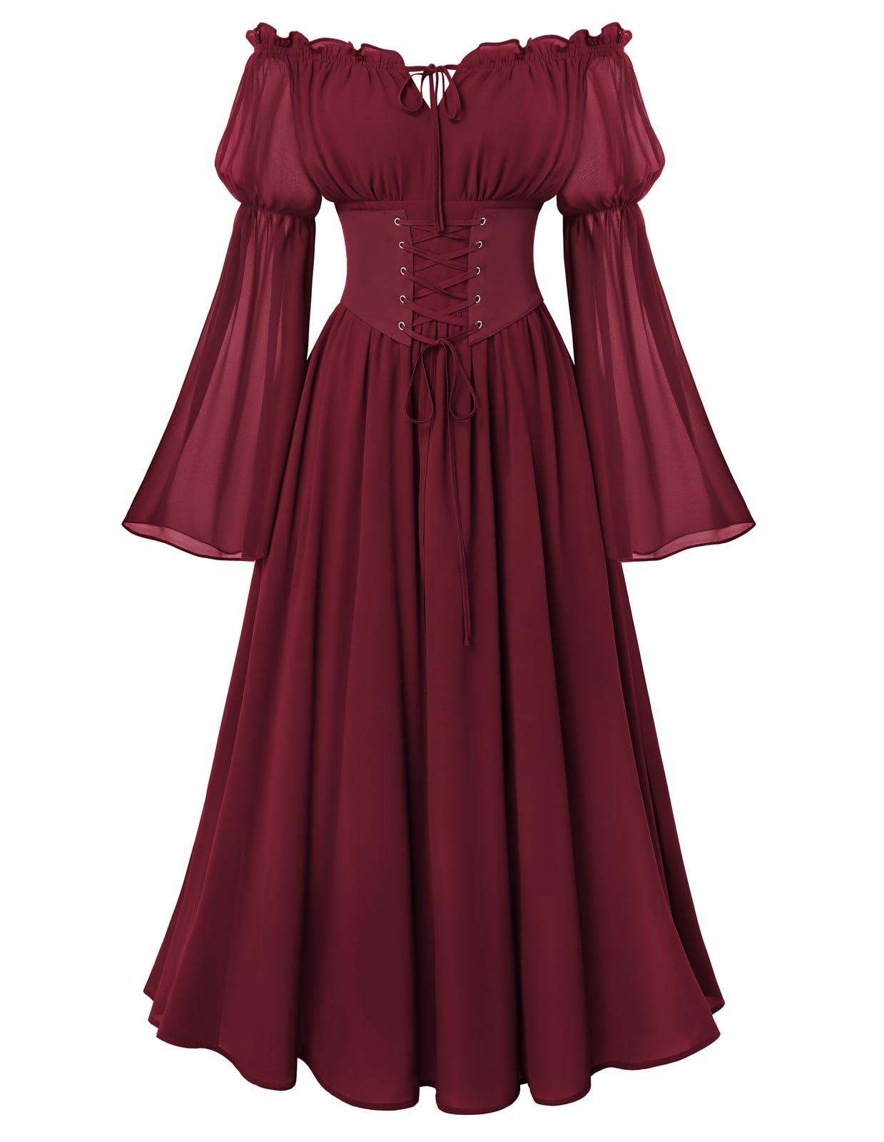 Scarlet Darkness Renaissance Costume Women Off Shoulder Corset Dress Long Sleeve Fairy Maxi Dresses, Dark Red, XXL