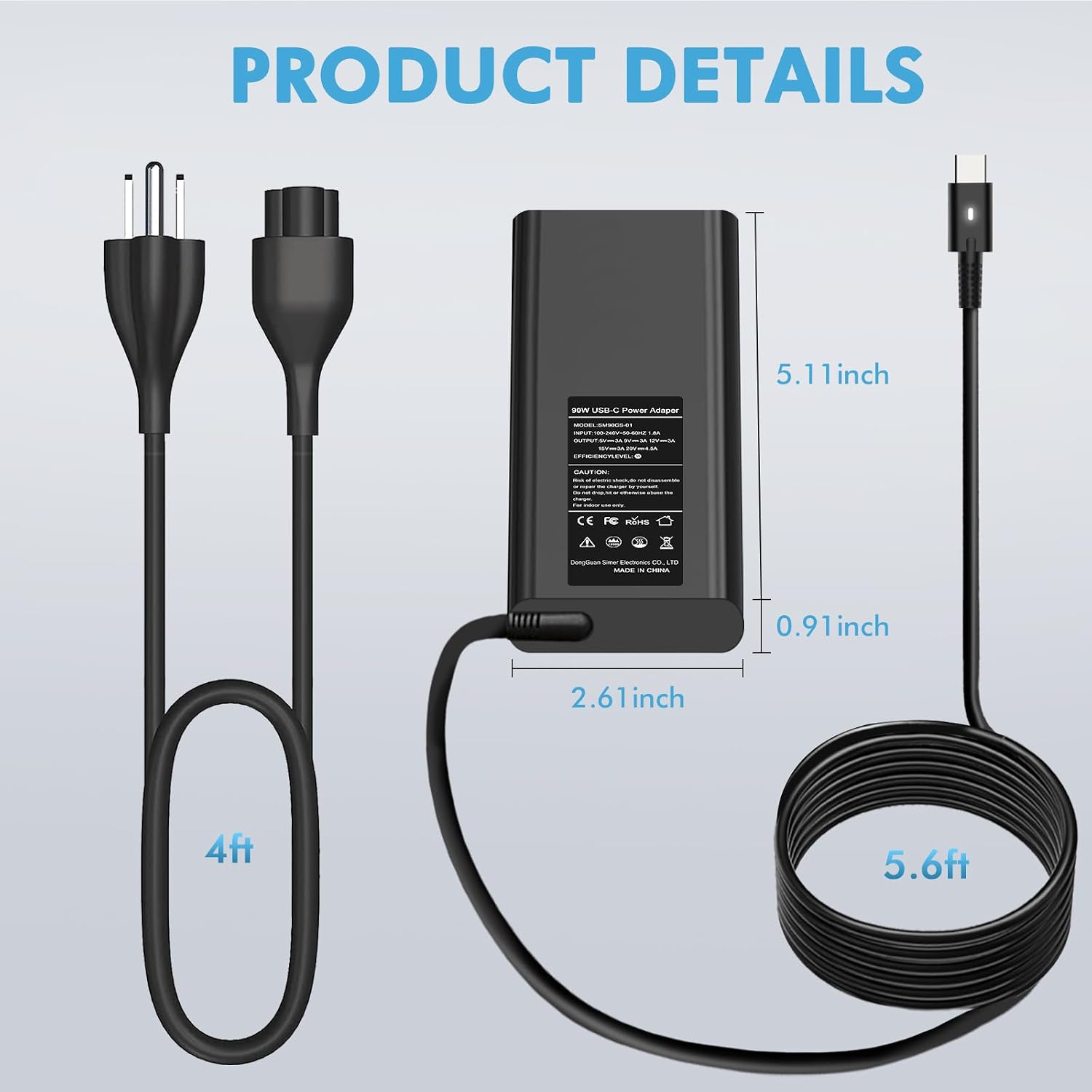 90W USB C Laptop Charger Compatible with Dell XPS 13 15 17, Latitude 5520 5530 5540 5550 5400 5450 5440 5430 5420 5320, Latitude 3420 3450 3520 3550 7320 7420, Precision 3540 5550