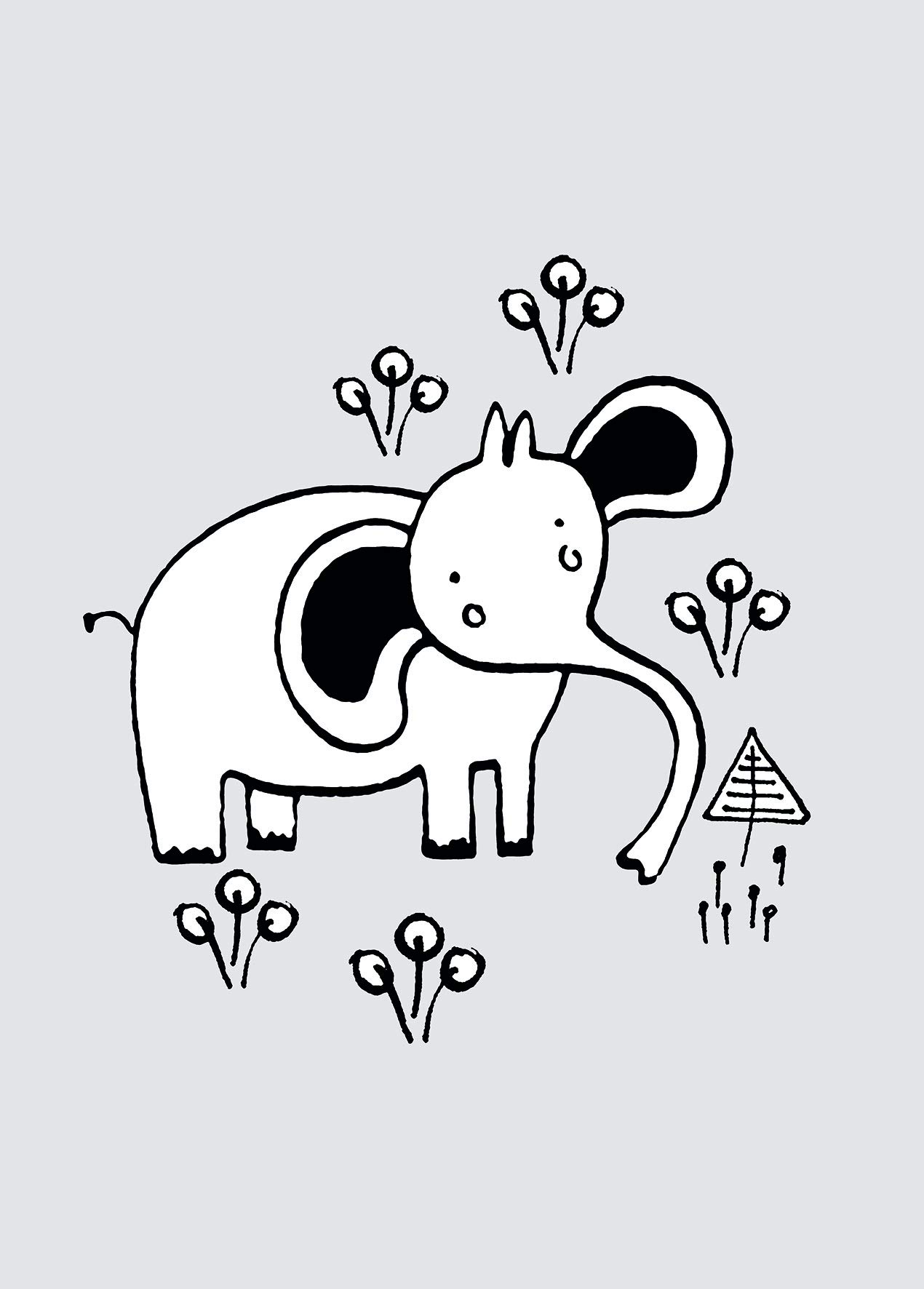 Komar Scribble Elephant Wall Picture, Black, White, 50 x 70 cm