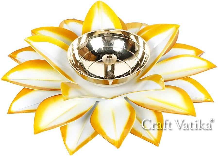 Collectible India Lotus Diyas for Puja Kamal Patti Brass Diya Oil Lamp Pooja Temple Home (White Yellow)