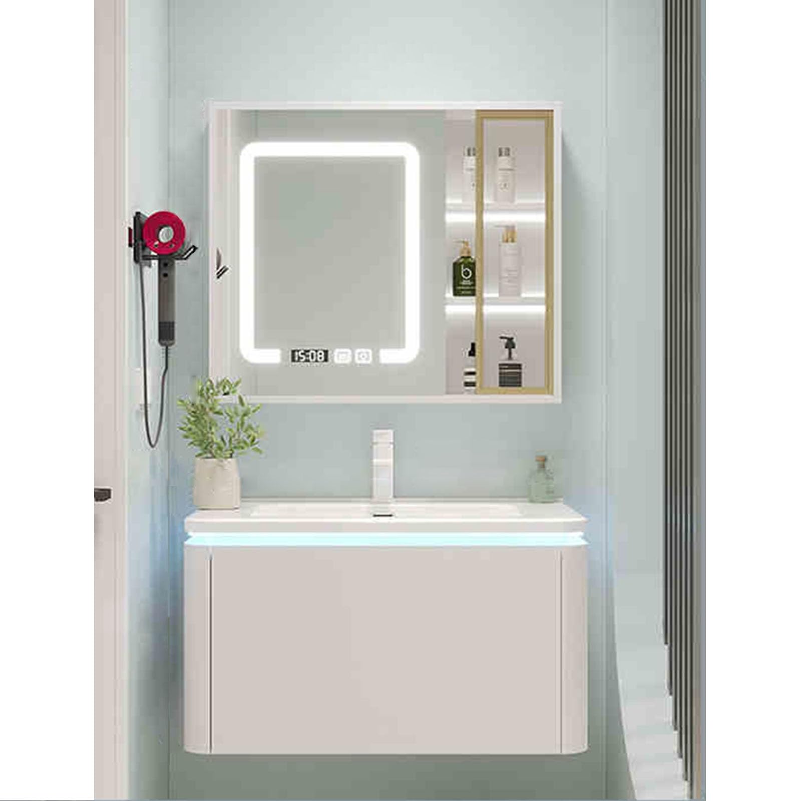 DFGHNBVC Floating Bathroom Vanity Set With Led Mirror Cabinet Wall Mounted Single Sink Combo With Intelligent Fog Removal Technology Faucet Included 24In