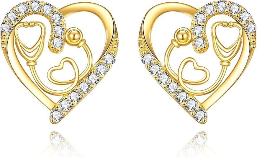 1.00 Ctw Round Cut Diamond Stethoscope-Shaped Women’s Stud Earrings 14K Yellow Gold Finish with Secure Push-Back Closures Gift for Women
