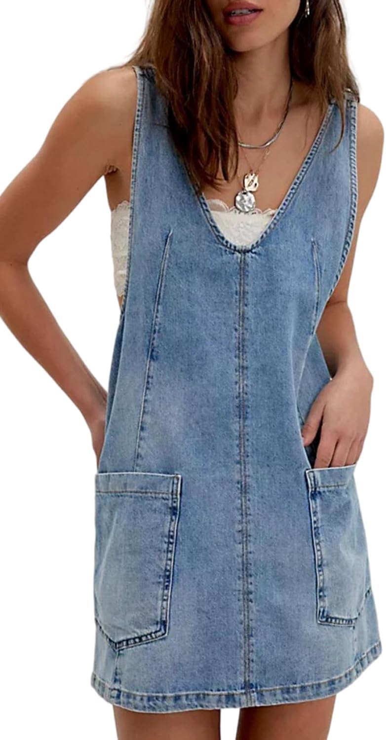 yoeasy Women's V Neck Sleeveless Denim Overall Dress Adjustable Strap Summer Mini Pinafore Jean Dress with Pockets