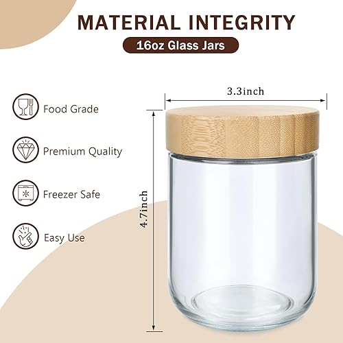 Miniatura 2 de OcePor Paquete de 4 tarros de vidrio de 16 onzas con tapas de bambú, recipiente de avena durante la noche con tapa hermética, tarros de vidrio para