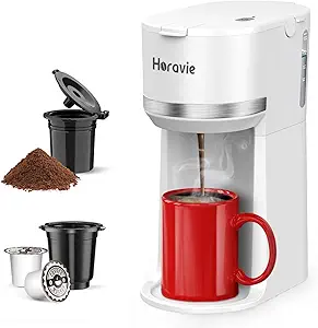 Mini Single Serve Coffee Maker for K Cup and Ground Coffee, Fast Brew One Cup Coffee Machine with Descaling Reminder and Water Window, 6 to 12 oz. Brew Sizes, White