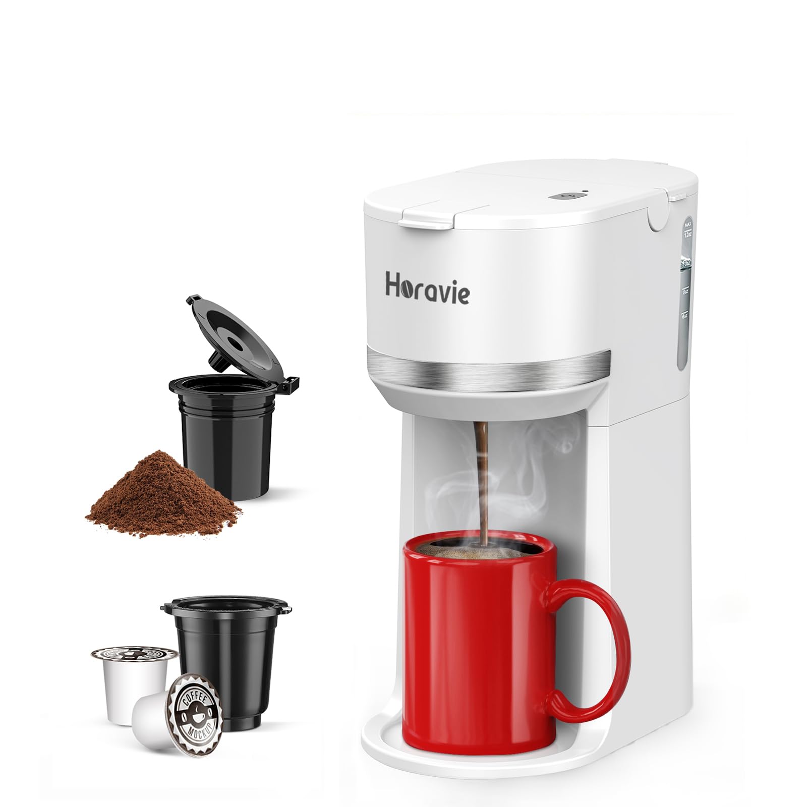 Mini Single Serve Coffee Maker for K Cup and Ground Coffee, Fast Brew One Cup Coffee Machine with Descaling Reminder and Water Window, 6 to 12 oz. Brew Sizes, White