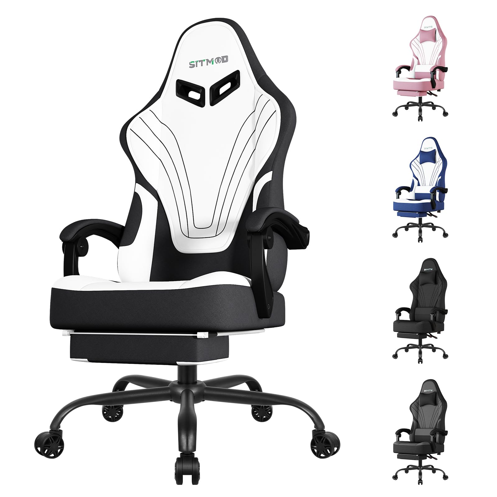 Silla Gaming Ergonómica Escritorio, para Videojuegos u Oficina, Silla Gamer con Cojín Lumbar & Reposacabeza, Regulable en Altura y reclinable, Tejidos Silla Cómoda con Reposapiés para Adultos(Blanco)